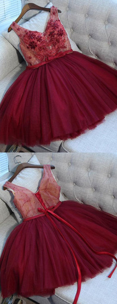 Cute A-Line V Neck Lace Up Short Burgundy Tulle Homecoming Dresses with Appliques OKC46