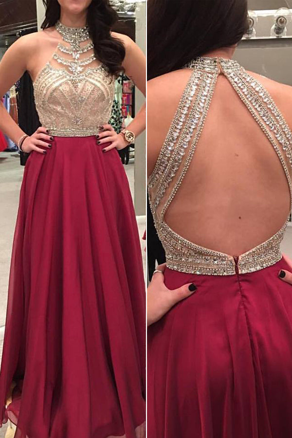 Crystal Beading Prom Dress, Sexy Long Prom Dresses, Sleeveless Open Back Evening Dress
