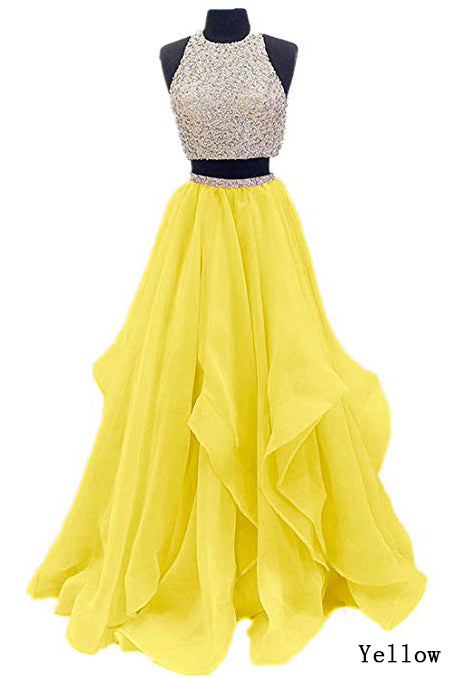 Two Piece Floor Length Burgundy Prom Dresses Beaded Open Back Evening Gown OK603