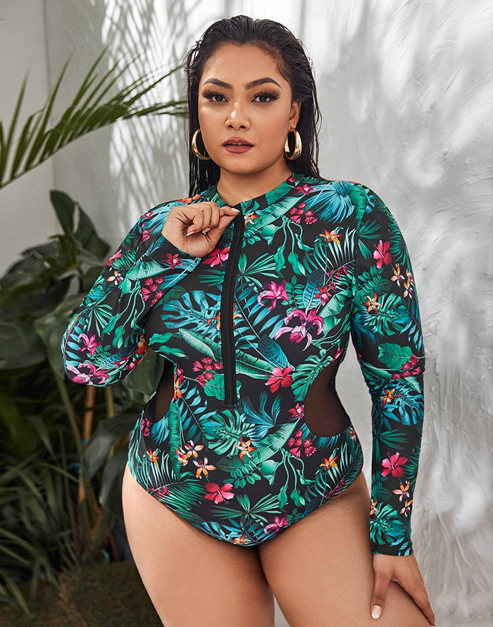 Ocevara - Palm Leaves Color High Neckline Long Sleeve Zipper One Piece Swimsuit