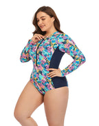 Ocevara - Multicolor High Neckline Zip Long Sleeve One Piece Swimsuit