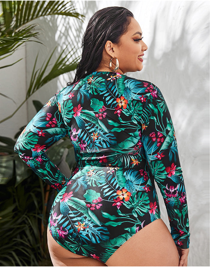 Ocevara - Palm Leaves Color High Neckline Long Sleeve Zipper One Piece Swimsuit Secondary image