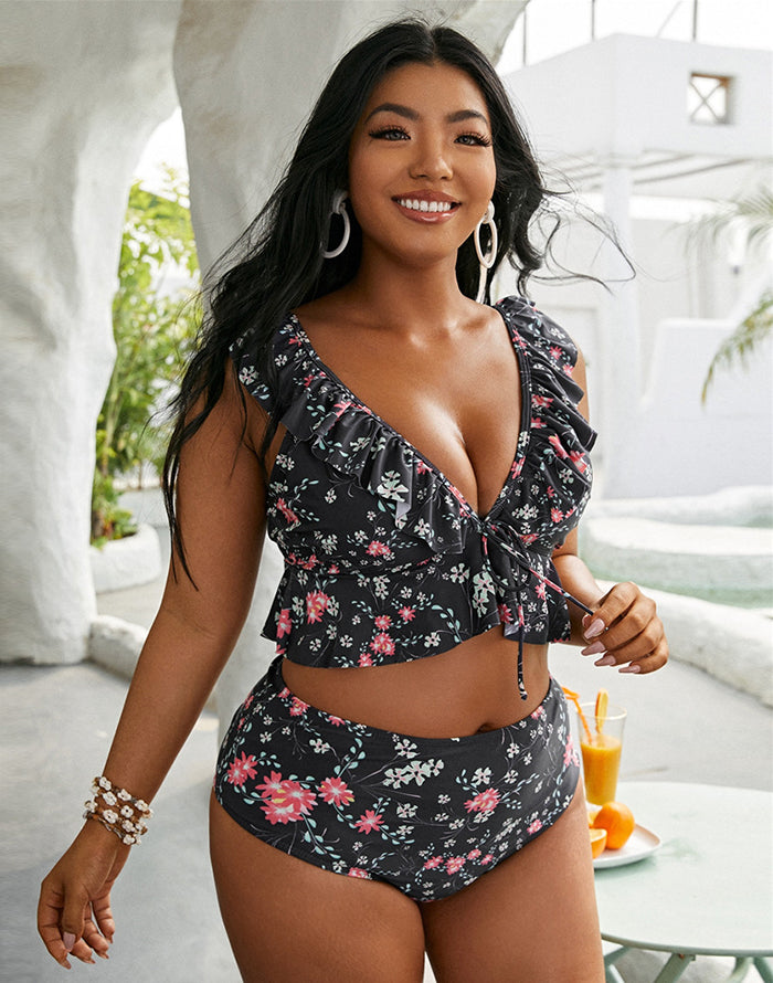 Ocevara - Black High Waist Ruffle Bikini Set