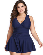 Ocevara - Dark Blue V-Neck Skirt One Piece Swimdress