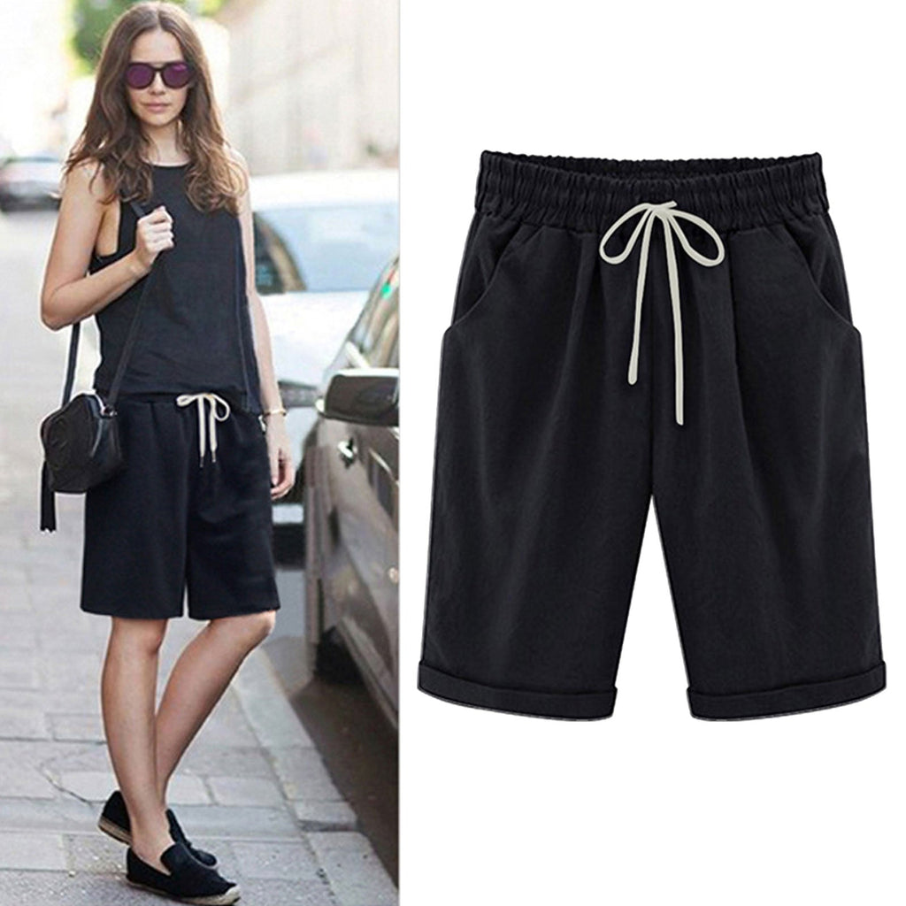 Ocevara - Women's Elastic Waist Knee Length Casual Cotton Bermuda Shorts with Drawstring