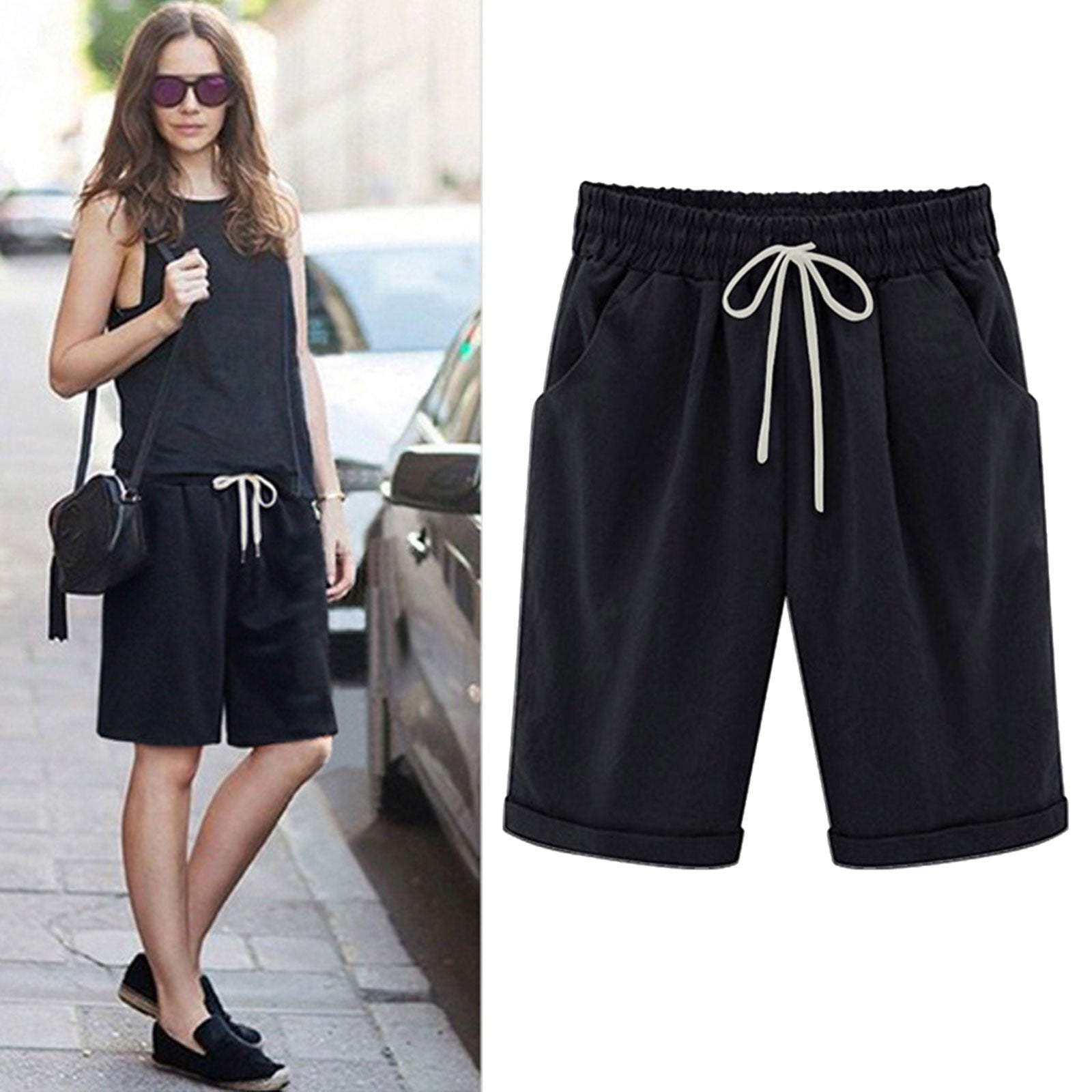 Ocevara - Women's Elastic Waist Knee Length Casual Cotton Bermuda Shorts with Drawstring