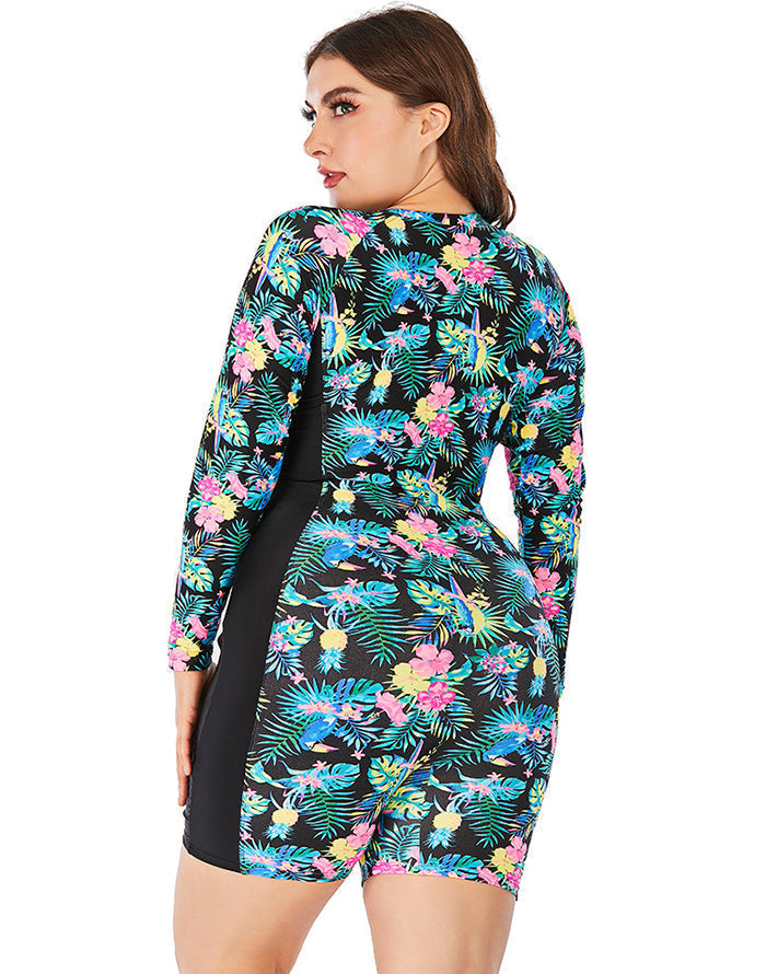 Multicolor High Neckline Boxer Zipper One-Piece Swimsuit