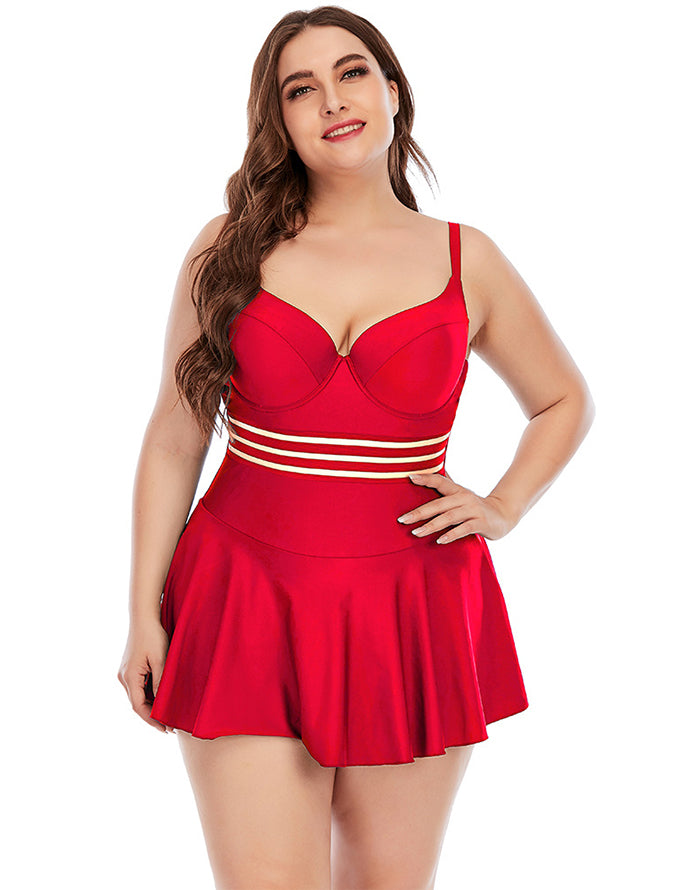 Red Sweetheart Neckline Skirt One Piece Swimsuit