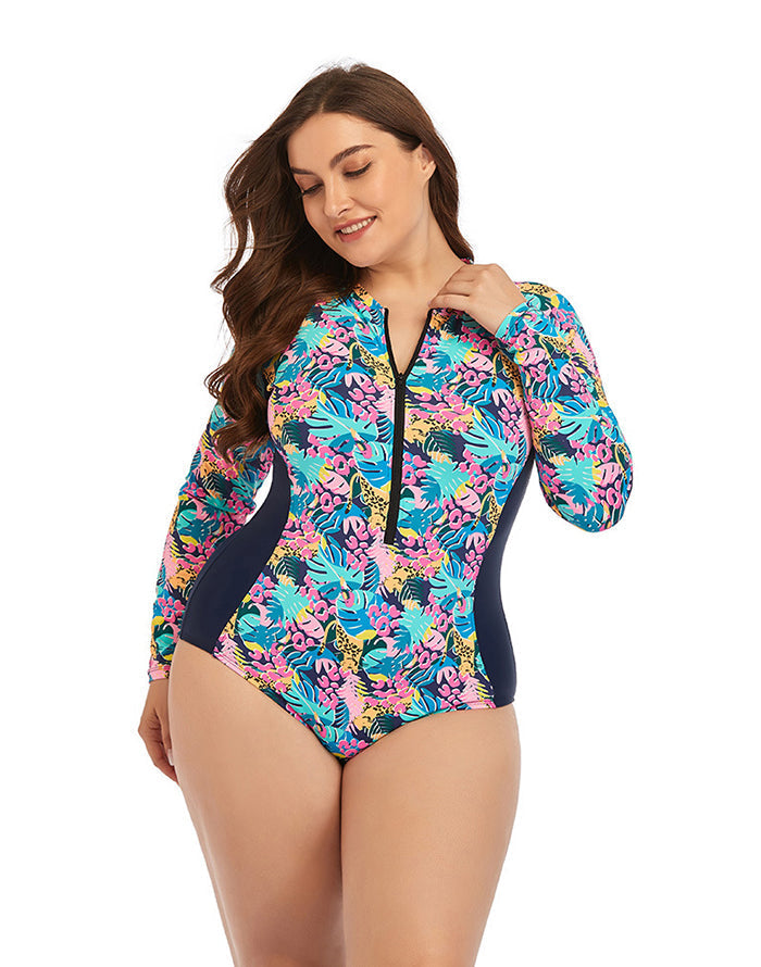 Ocevara - Multicolor High Neckline Zip Long Sleeve One Piece Swimsuit