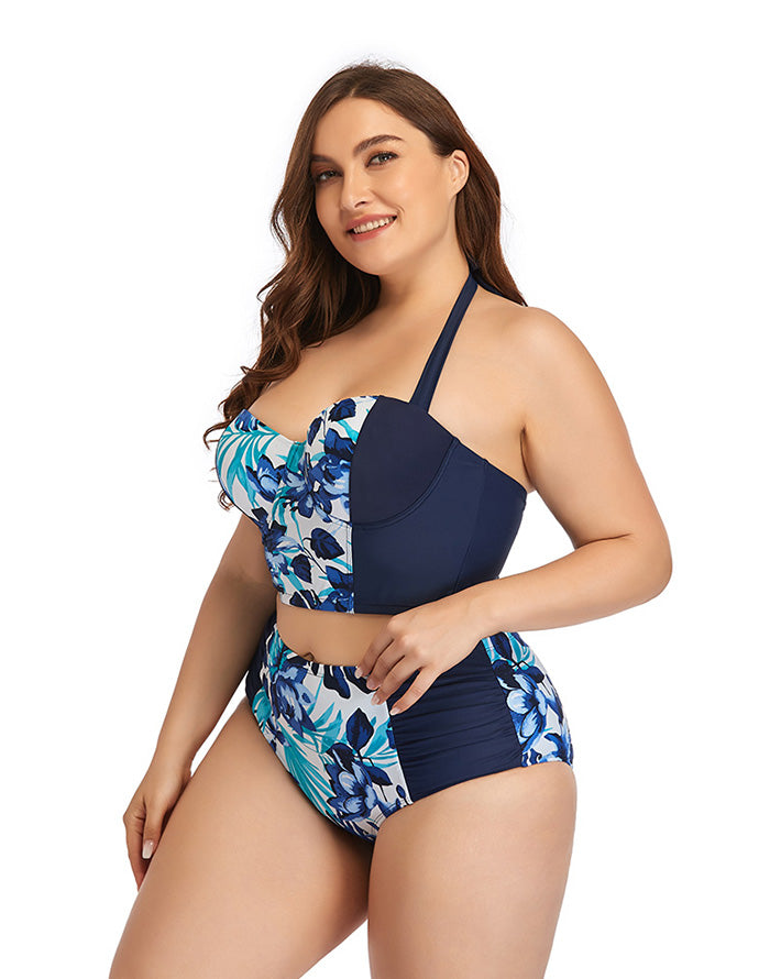 Paneled Floral High-Waist Plus Size Bikini Swimsuit