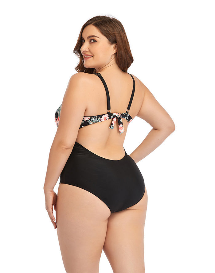 Pink Flower V-Neck  Tie One-Piece Swimsuit Secondary image