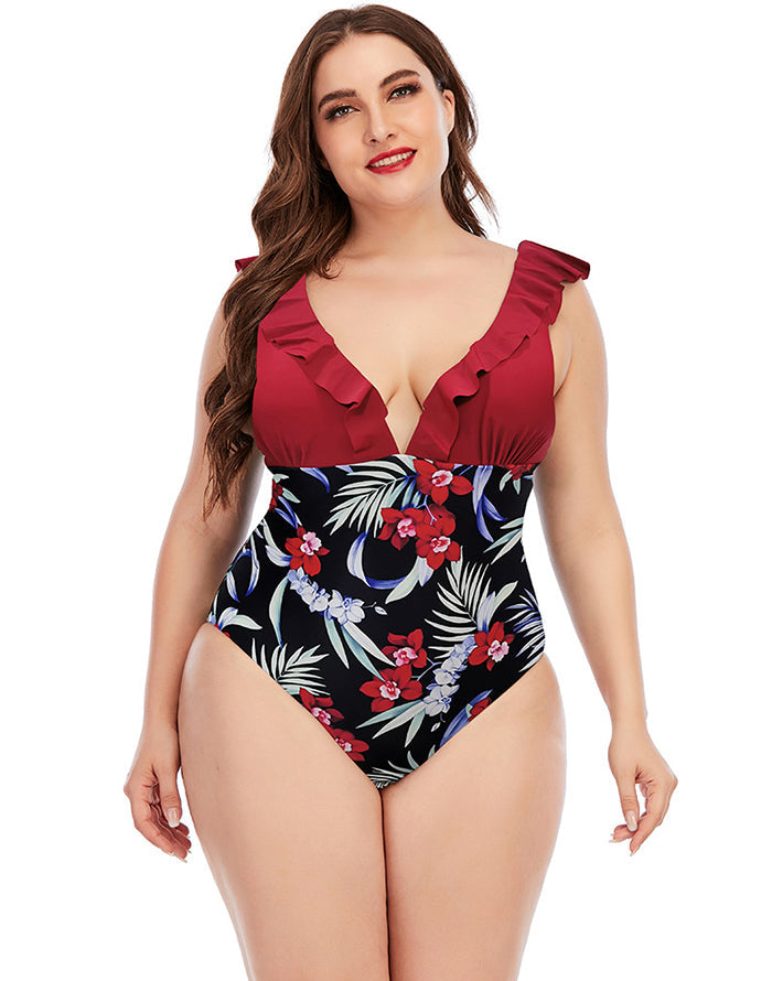 Burgundy V-Neck Ruffle One-Piece Swimsuit Main image