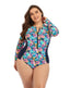 Ocevara - Multicolor High Neckline Zip Long Sleeve One Piece Swimsuit