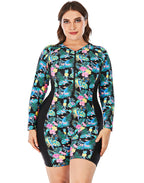 Multicolor High Neckline Boxer Zipper One-Piece Swimsuit