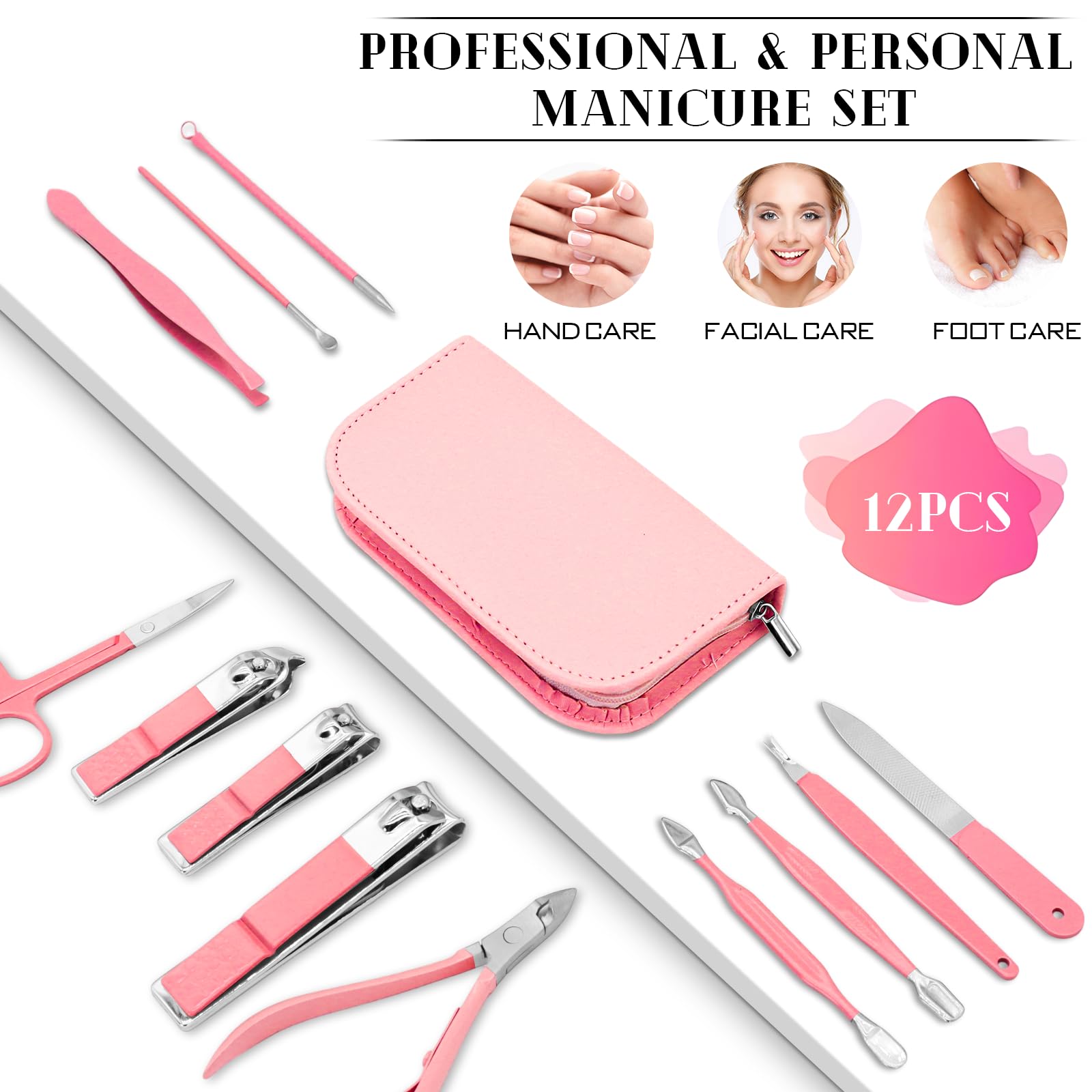 Manicure Pedicure Set, 12 Pcs Nail Care Kit for Women, Mens Nail Grooming Kit, Manicure & Pedicure Tools & Accessories, Pink Nail Kit Manicure Set Luxury Leather Case for Home Salon Use Secondary image