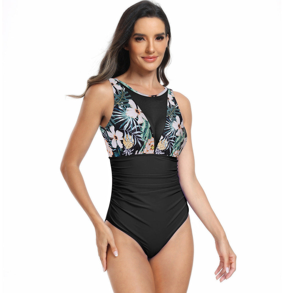 Ocevara - Womens One Piece Swimsuits Tummy Control Slimming Bikini Sets V Neck Printing Mesh Sheer Bathing Suit