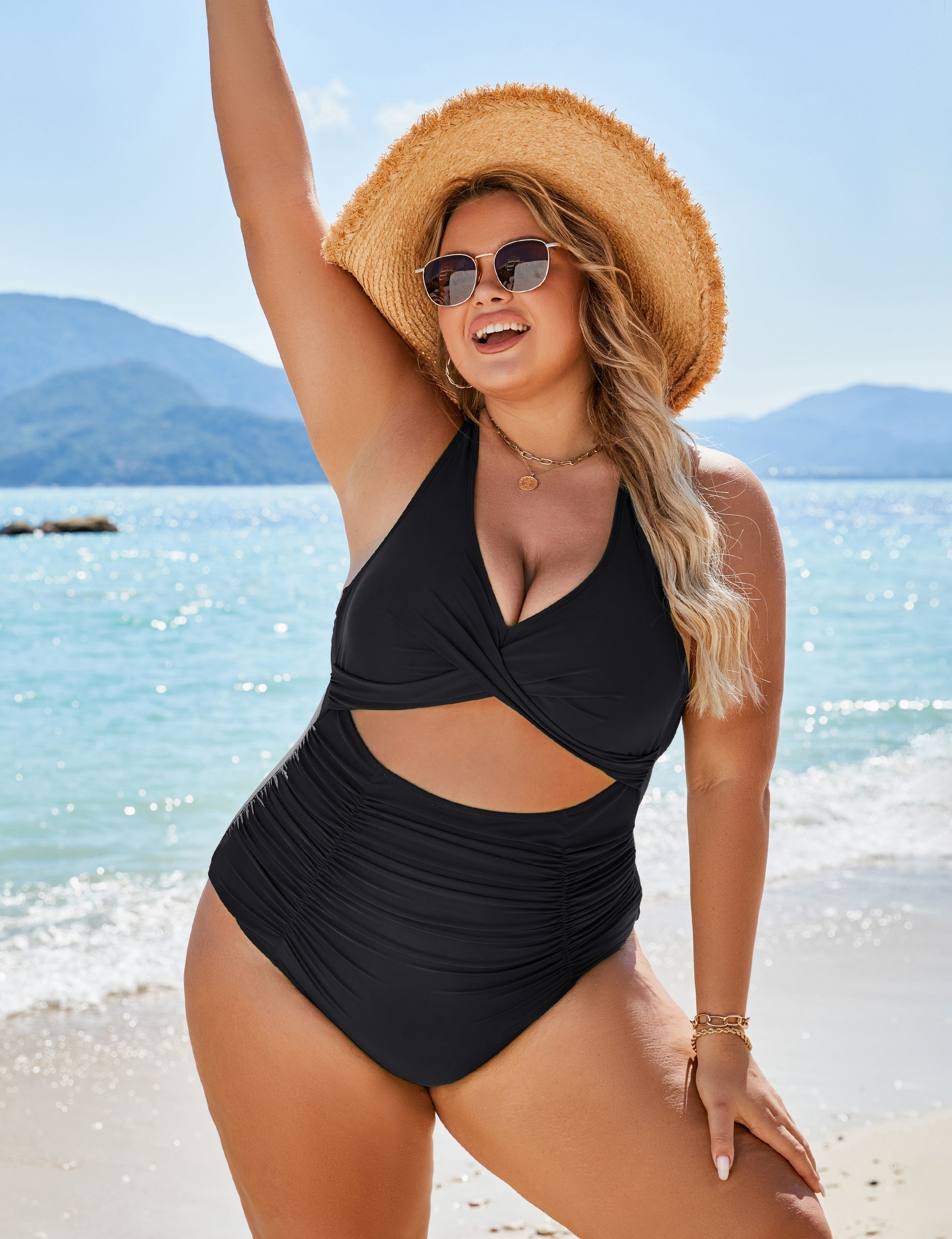 Ocevara - Womens One Piece Swimsuits Push Up Tummy Control Bathing Suits V Neck Cutout Modest Swimwear