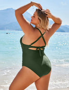 Ocevara - Womens One Piece Swimsuits Push Up Tummy Control Bathing Suits V Neck Cutout Modest Swimwear