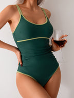 Ocevara - Womens Tummy Control Swimsuit Color Block One Piece Bathing Suits Slimming Double Straps Swimwear High Cut Swim Suit