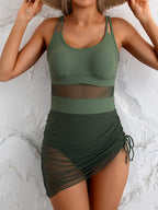 Ocevara - Women One Piece Swim Dress Tummy Control Swimsuits Slimming Mesh Drawstring Sarong Wraps Bathing Suits