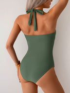 Ocevara - Women's One Piece Swimsuit V Neck Halter Swimwear Twist Front Ruched Tummy Control Bathing Suit