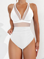 Ocevara - Women Plus Size One Piece Swimsuit V Neck Mesh Sheer Tummy Control Bathing Suit