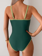 Ocevara - Womens Tummy Control Swimsuit Color Block One Piece Bathing Suits Slimming Double Straps Swimwear High Cut Swim Suit