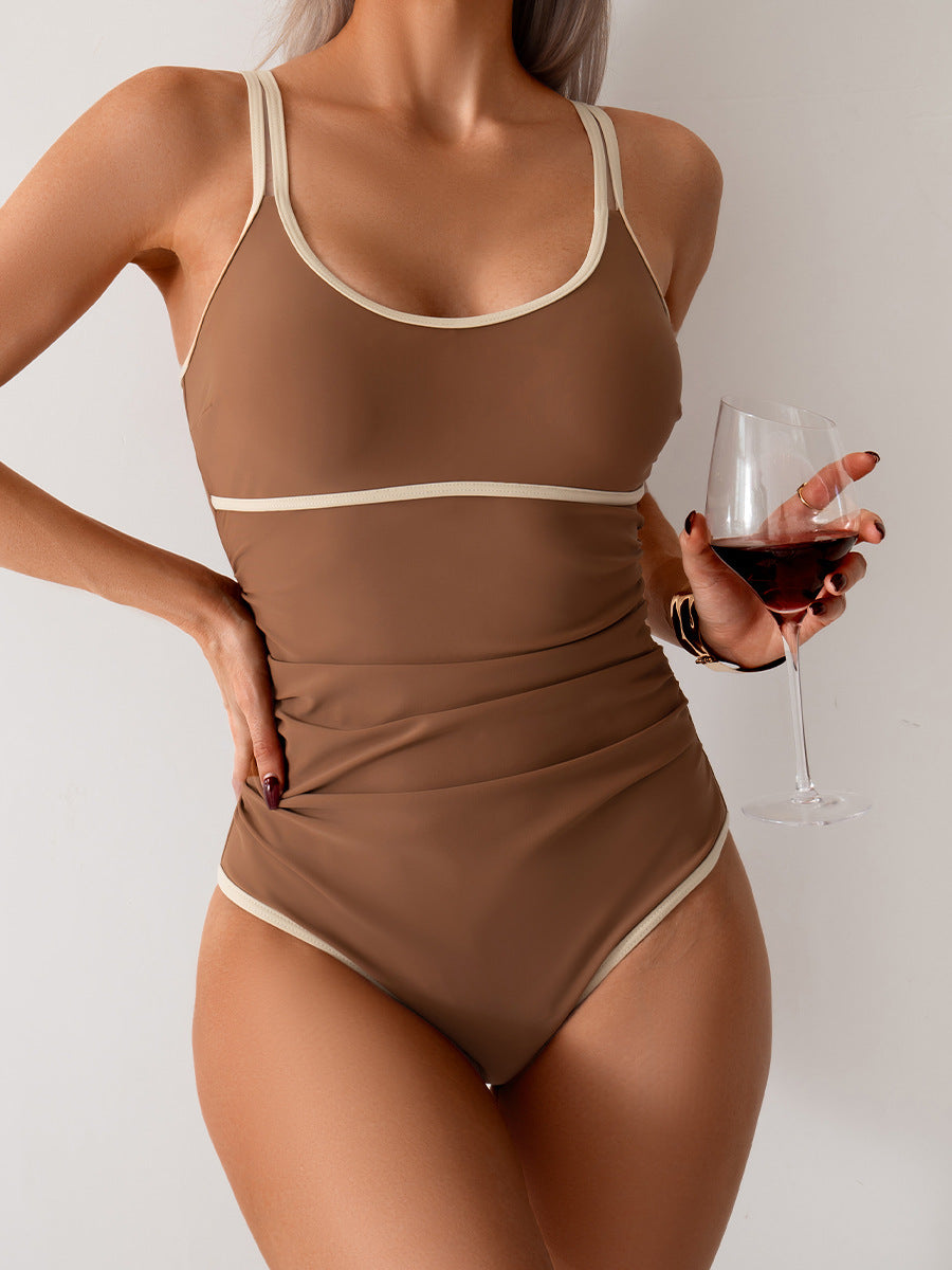 Ocevara - Womens Tummy Control Swimsuit Color Block One Piece Bathing Suits Slimming Double Straps Swimwear High Cut Swim Suit