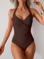 Ocevara - Women's One Piece Swimsuit V Neck Halter Swimwear Twist Front Ruched Tummy Control Bathing Suit