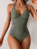 Ocevara - Women One Piece Swimsuit Leopard Splicing Halter V Neck Sexy Tummy Control Push Up Swimwear Back Tie Bathing Suit