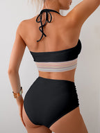 Ocevara - Two Piece High Waisted Bikini Sets Tummy Control Color Block Suspender Swimwear