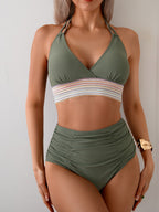 Ocevara - Two Piece High Waisted Bikini Sets Tummy Control Color Block Suspender Swimwear