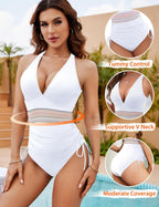 Ocevara - Women Tummy Control Swimsuits One Piece Slimming Modest Bathing Suit Color Block Drawstring Swim Suits