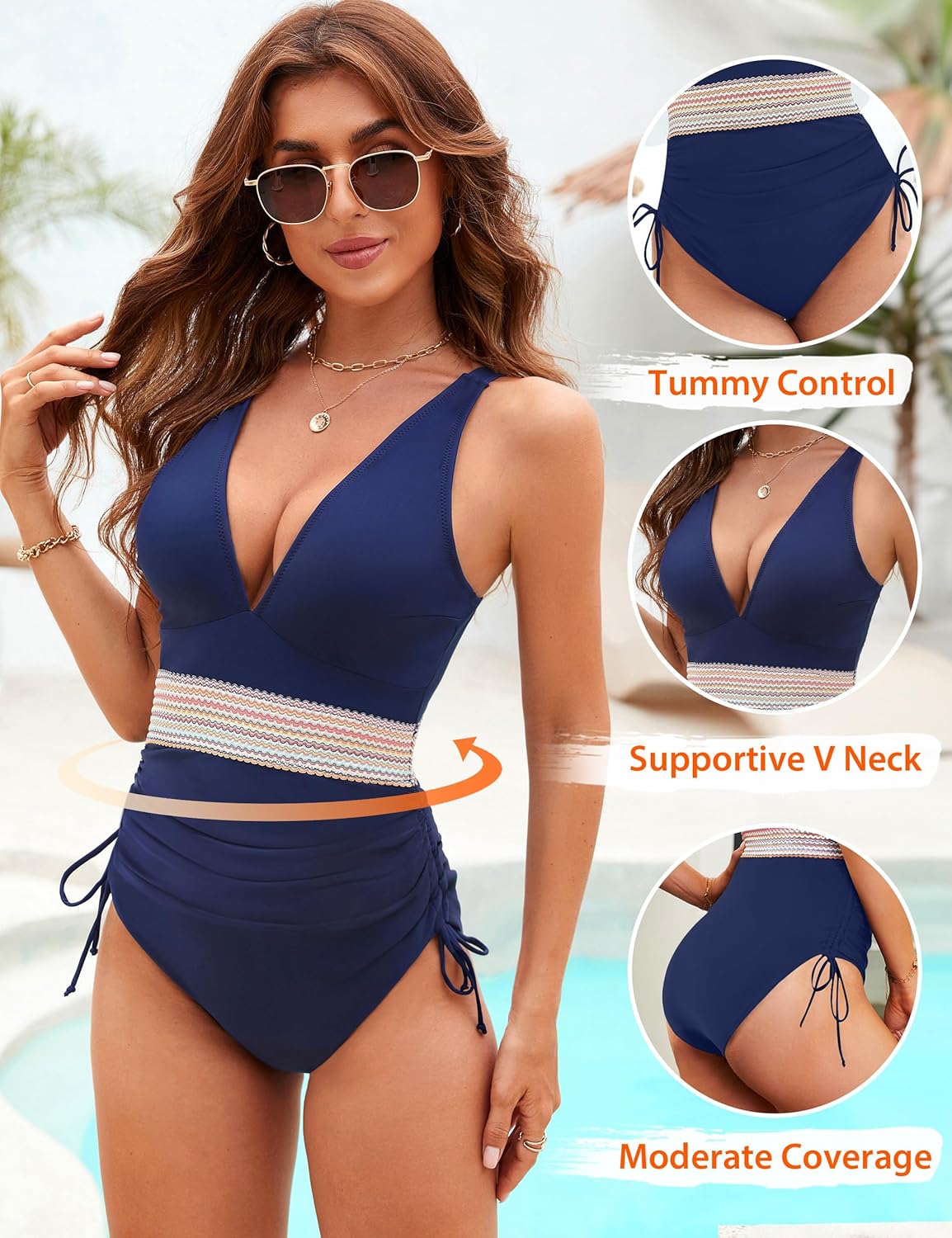 Ocevara - Women Tummy Control Swimsuits One Piece Slimming Modest Bathing Suit Color Block Drawstring Swim Suits
