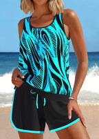 Patchwork Geometric Print Mint Green Tankini Set