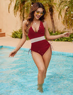 Ocevara - Women Tummy Control Swimsuits One Piece Slimming Modest Bathing Suit Color Block Drawstring Swim Suits