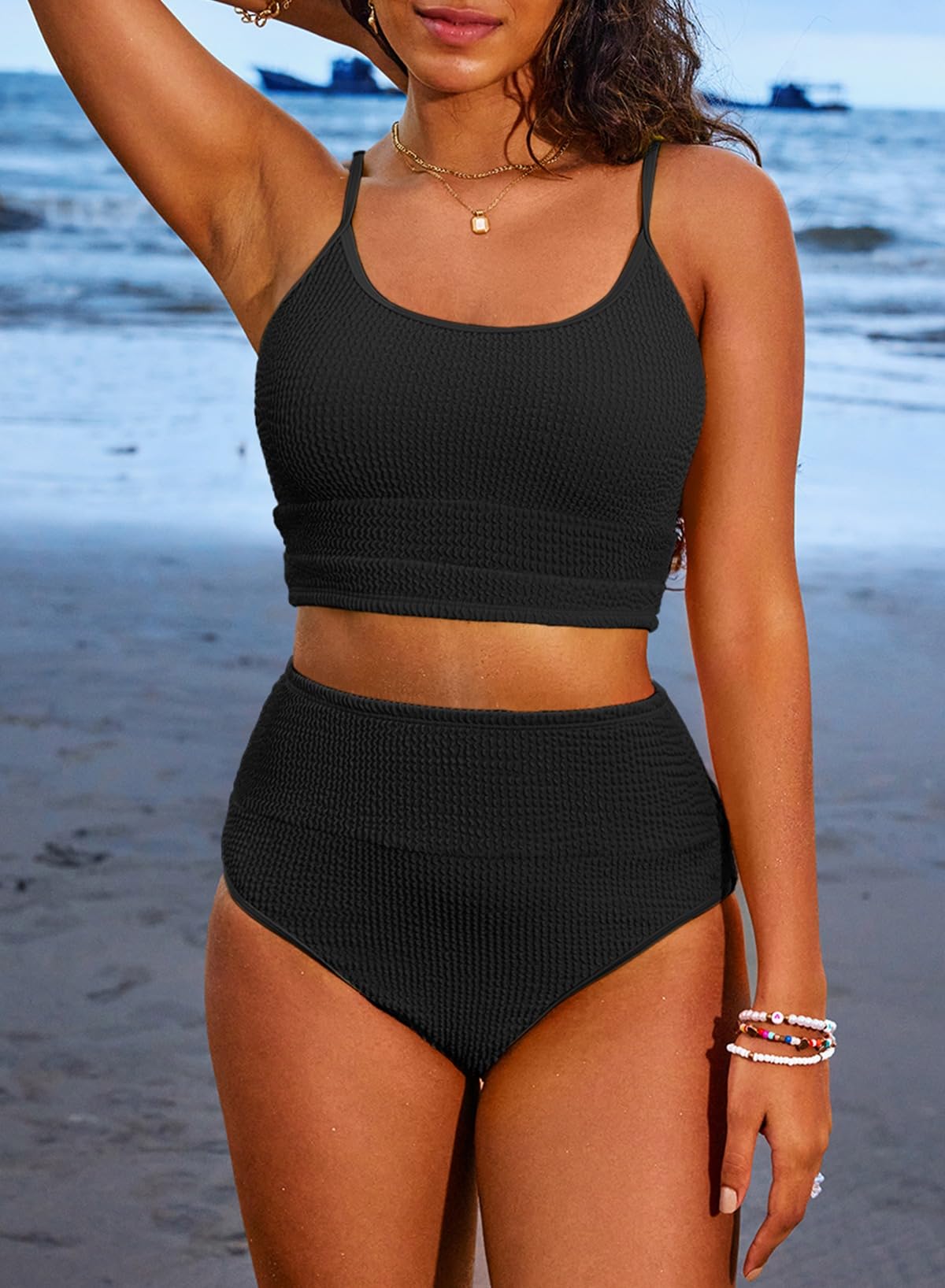 Ocevara - Women 2 Piece Bikini Set High Waisted Color Block Swimsuit Beach Scrunch Ribbed Bathing Suit