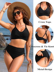 Ocevara Ocevara - Women's High Waisted Bikini Sets Drawstring Tummy Control Swimsuits Crisscross Tie - image 2