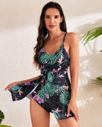 Ocevara - Tummy Control V Neck Twist Knot Tropical Skirted Swimdress