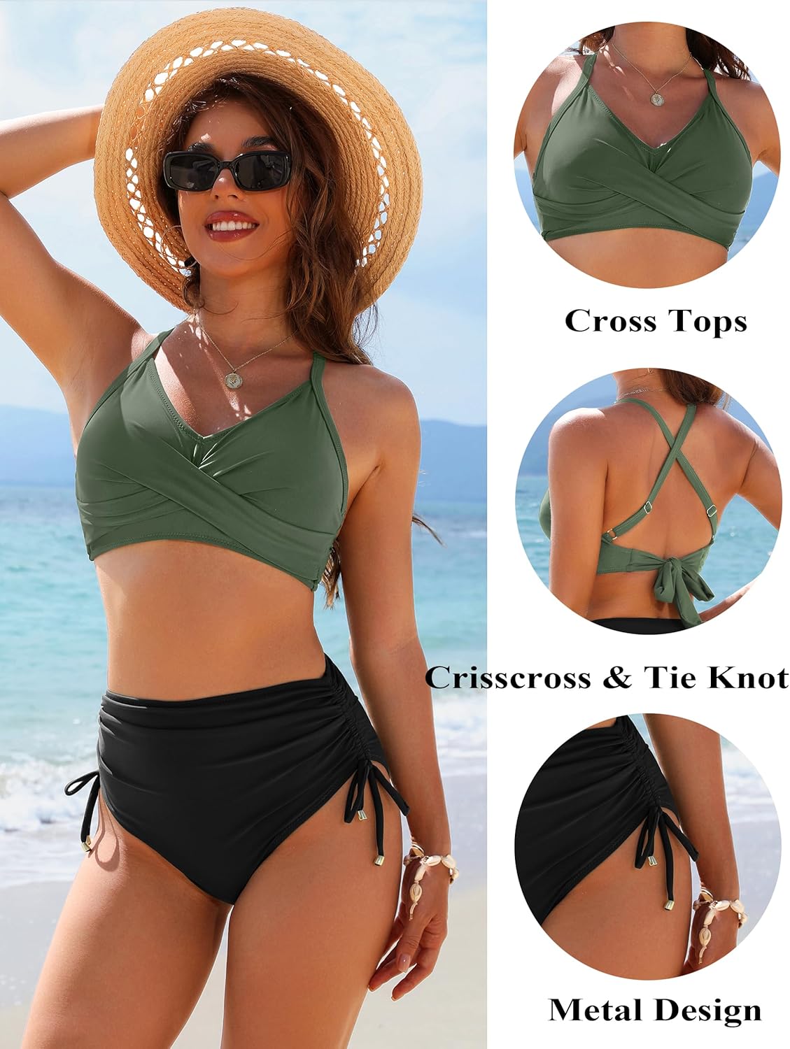 Ocevara Ocevara - Women's High Waisted Bikini Sets Drawstring Tummy Control Swimsuits Crisscross Tie - image 46