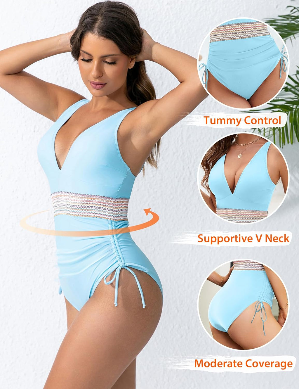Ocevara - Women Tummy Control Swimsuits One Piece Slimming Modest Bathing Suit Color Block Drawstring Swim Suits