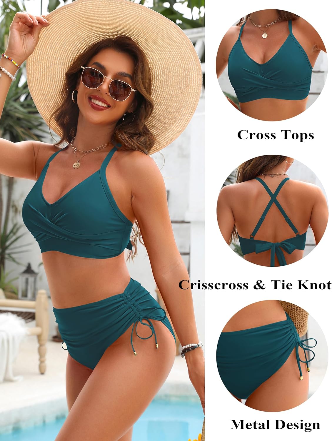 Ocevara Ocevara - Women's High Waisted Bikini Sets Drawstring Tummy Control Swimsuits Crisscross Tie - image 17