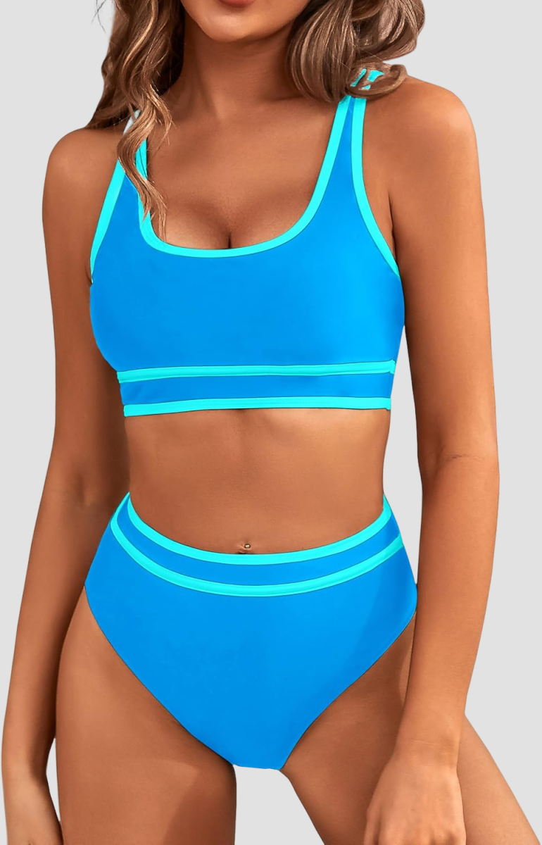 Ocevara - Women's High Waisted Bikini Sets Sporty Two Piece Swimsuits Color Block Cheeky High Cut Bathing Suits
