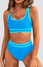 Ocevara - Women's High Waisted Bikini Sets Sporty Two Piece Swimsuits Color Block Cheeky High Cut Bathing Suits