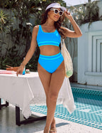 Ocevara - Women's High Waisted Bikini Sets Sporty Two Piece Swimsuits Color Block Cheeky High Cut Bathing Suits