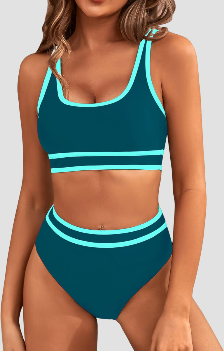Ocevara - Women's High Waisted Bikini Sets Sporty Two Piece Swimsuits Color Block Cheeky High Cut Bathing Suits