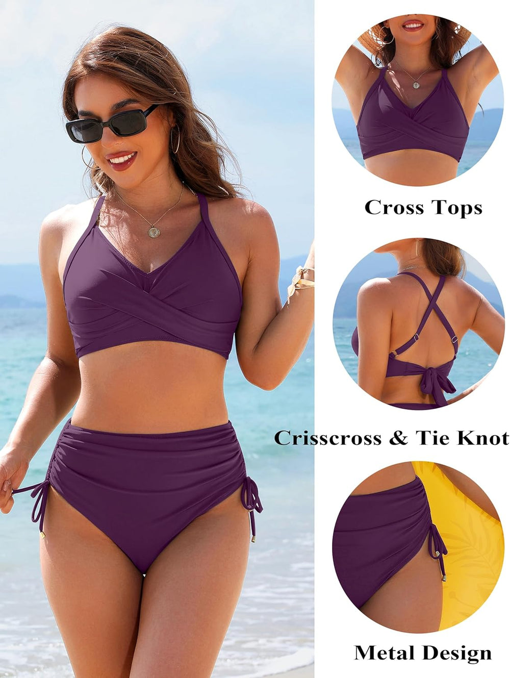 Ocevara Ocevara - Women's High Waisted Bikini Sets Drawstring Tummy Control Swimsuits Crisscross Tie - image 37
