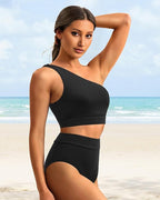 Ocevara - High-Waist One-Shoulder Tummy Control Bikini Set