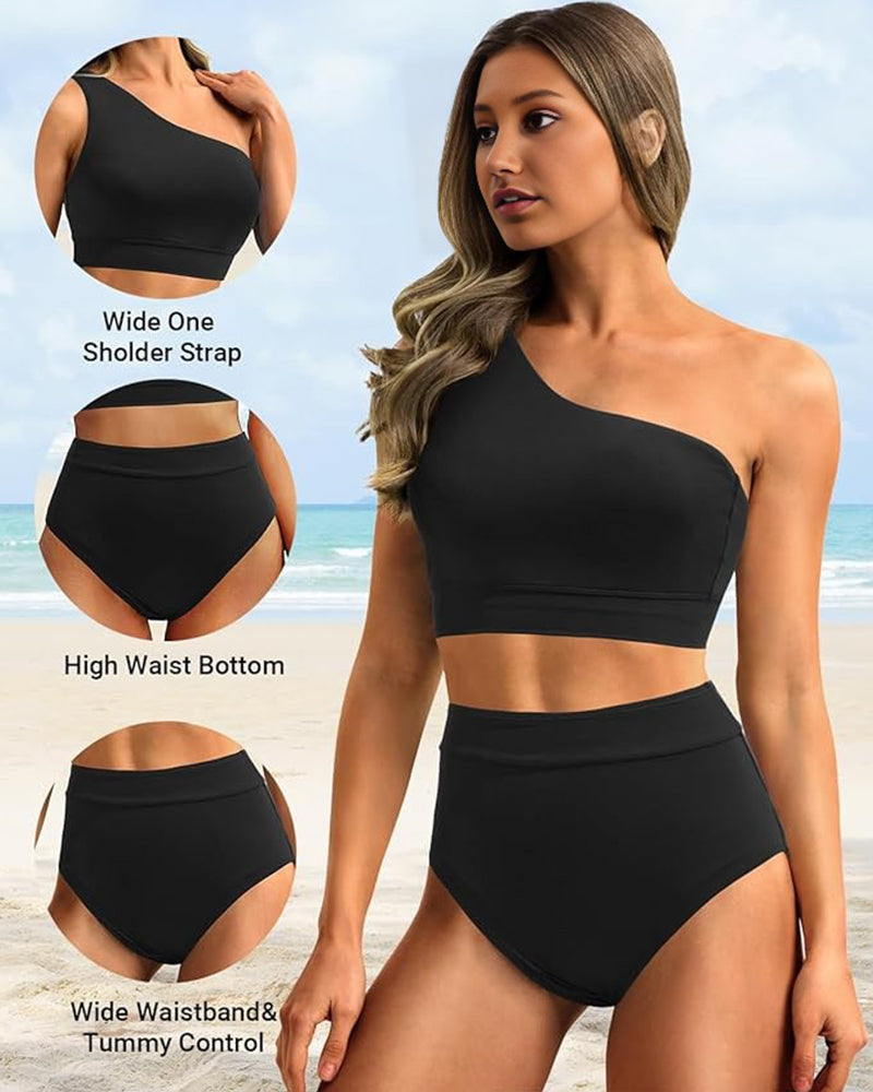 Ocevara - High-Waist One-Shoulder Tummy Control Bikini Set