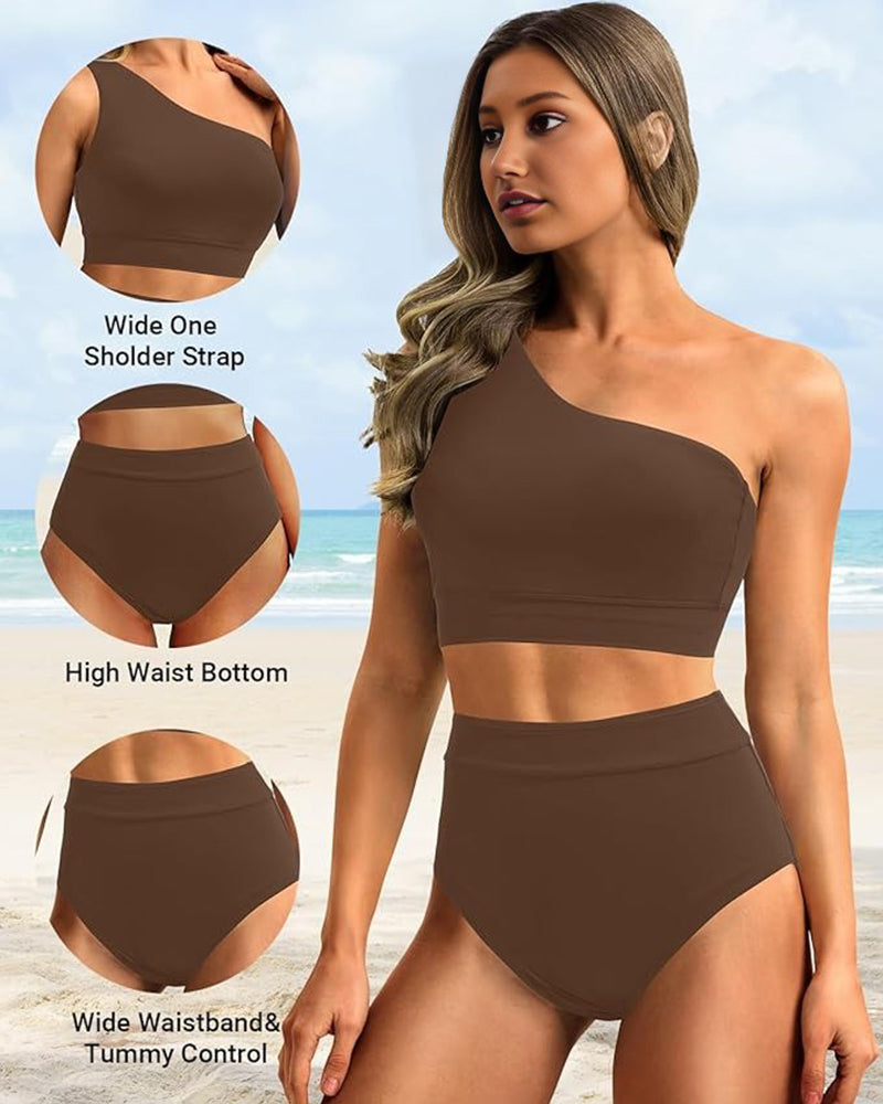 Ocevara - High-Waist One-Shoulder Tummy Control Bikini Set